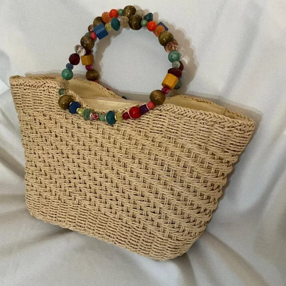 CAPPELLI of N.Y.Straw World wicker bag NWOT colorful jewel/beaded handles - Picture 5 of 5